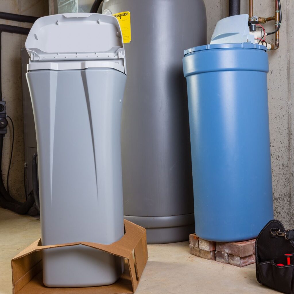close up of blue and grey water softners