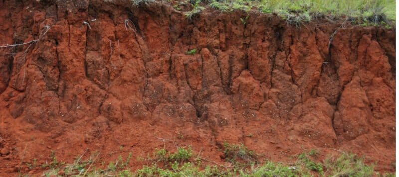 Exposed red clay soil profile illustrating natural soil layers