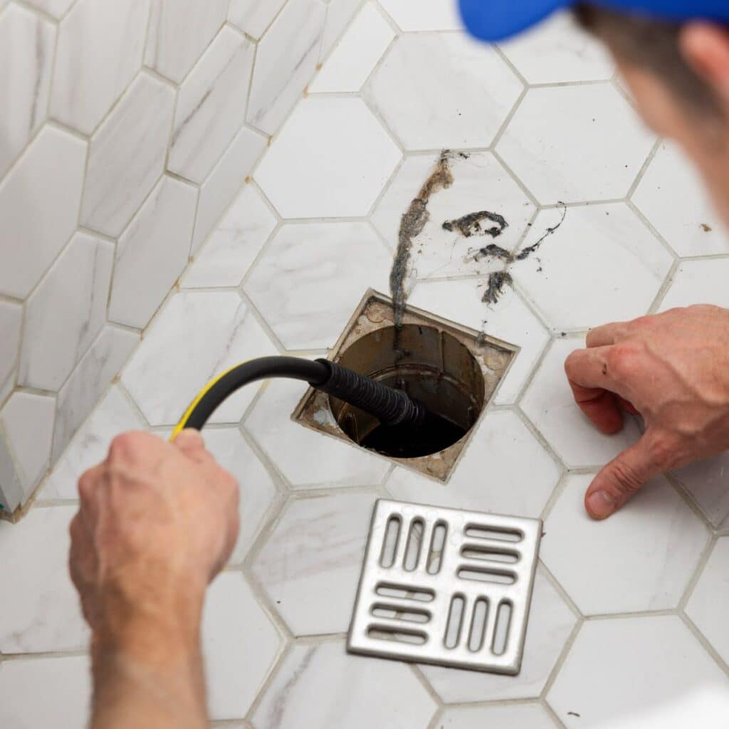 Plumber using a tool to clear a clogged shower drain on tiled floor