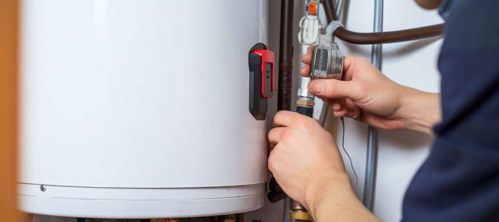 Technician working on pipes connected to a household water heater