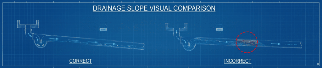 Drainage slope comparison diagram showing pipe angle.