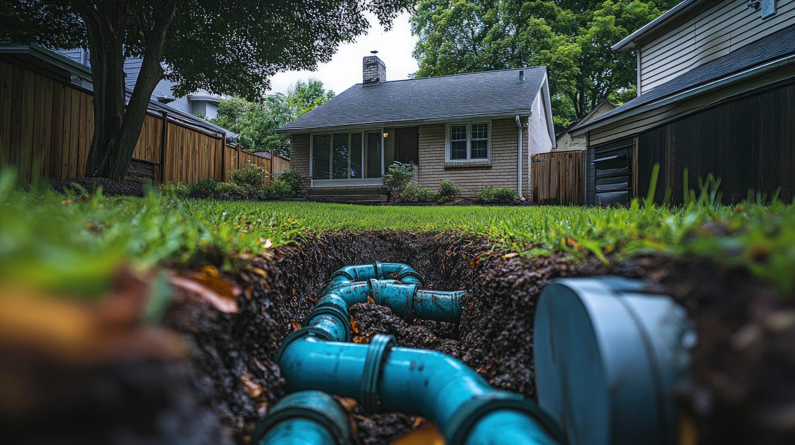 Old blue plumbing pipes unearthed in the yard of a suburban home during whole house repiping